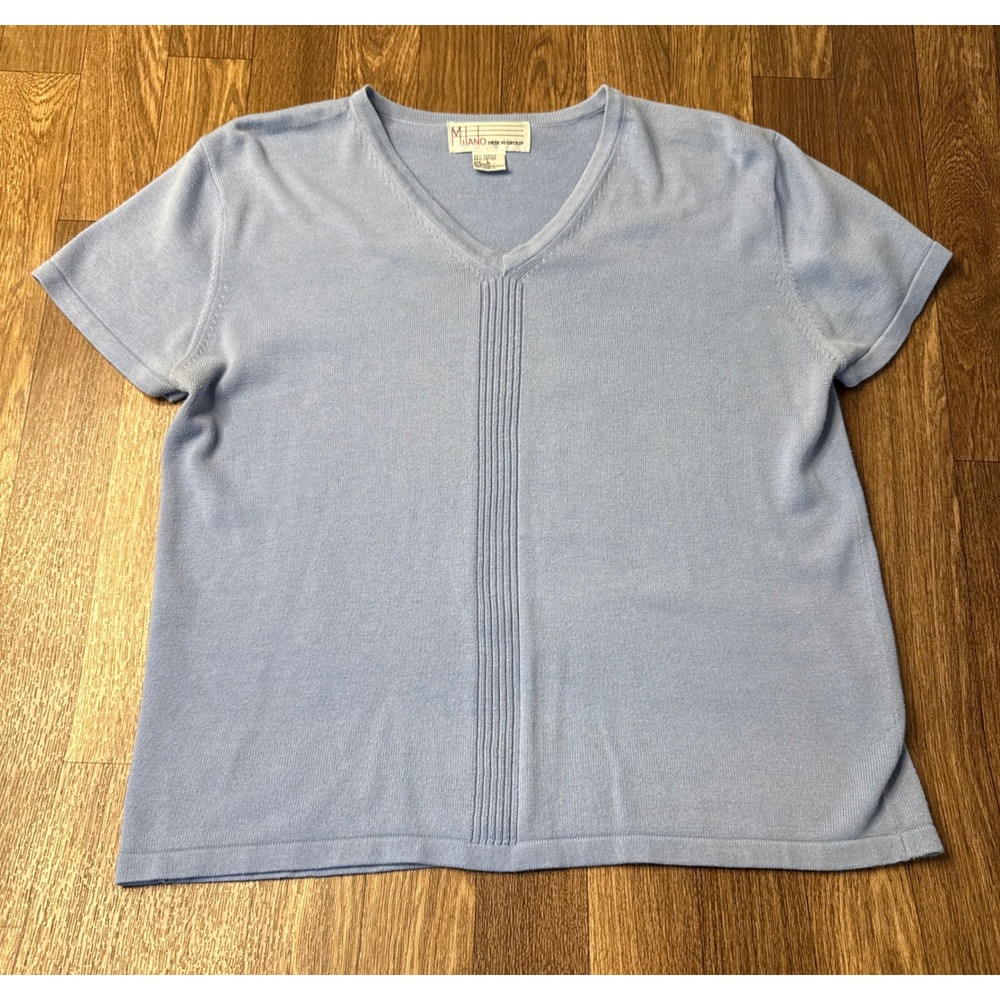 Milano Design Group Light Blue V-Neck Short Sleeve Knit Top Size L RN63264